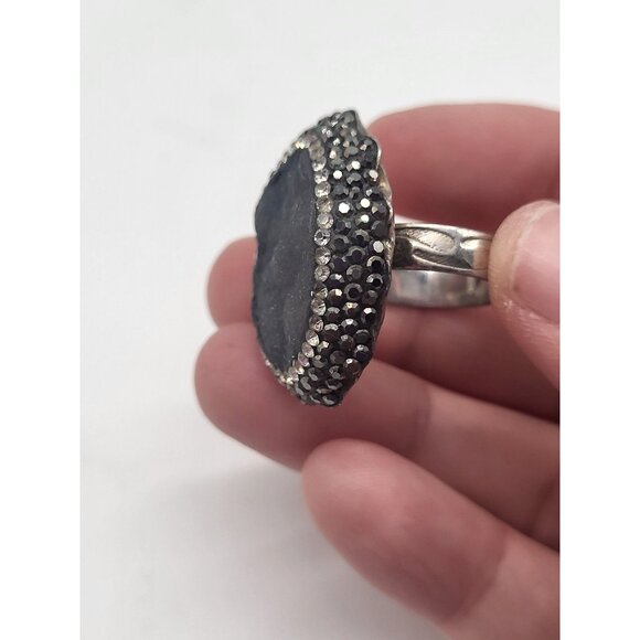 Vintage N-TR Sterling Silver Gray Druzy Quartz Crystal Marcasite Ring SZ 7 - Picture 9 of 11